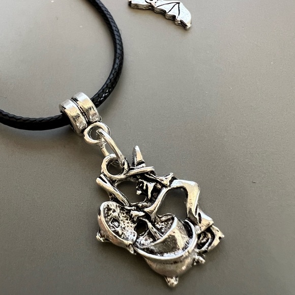 Witch and Cauldron Paranormal Pendant Necklace with Bat Charm - Picture 3 of 13